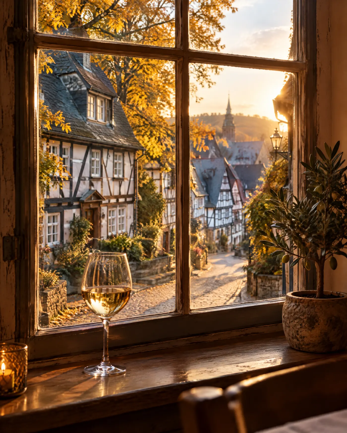 Blick durchs Fenster auf Fachwerkhäuser der Altstadt