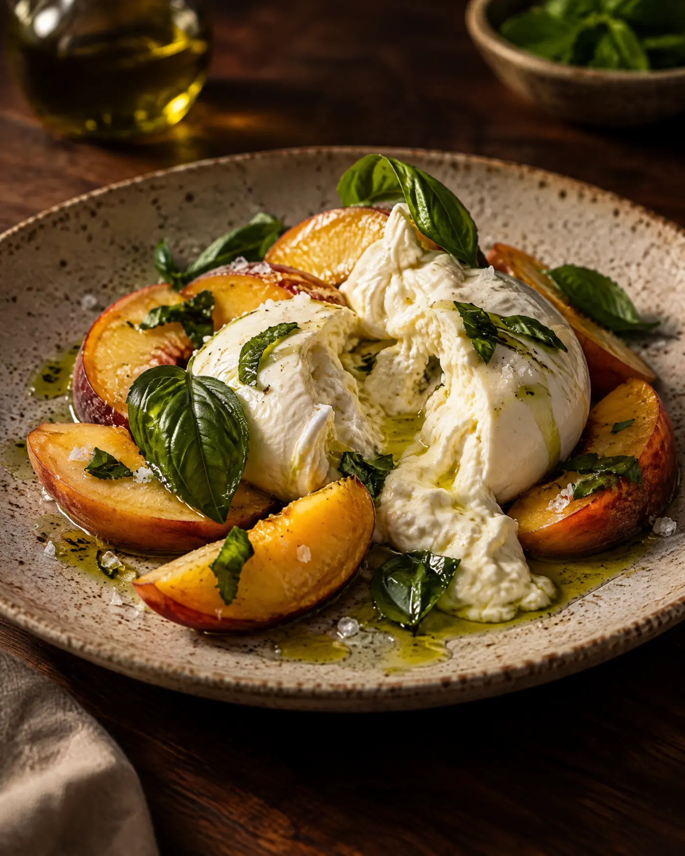 Burrata mit Pfirsich und Basilikum