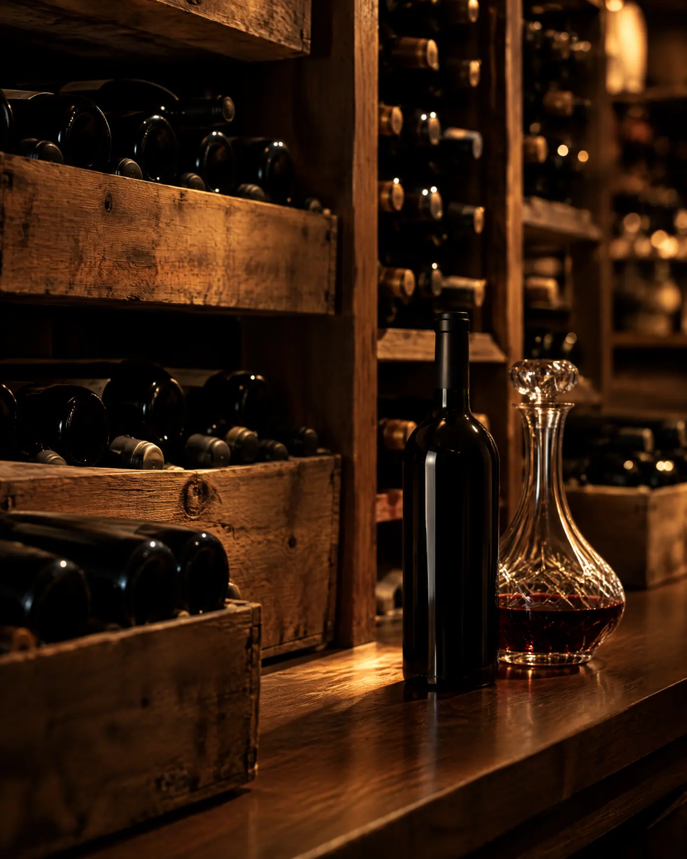 Weinregal mit italienischen Weinen und Dekanter