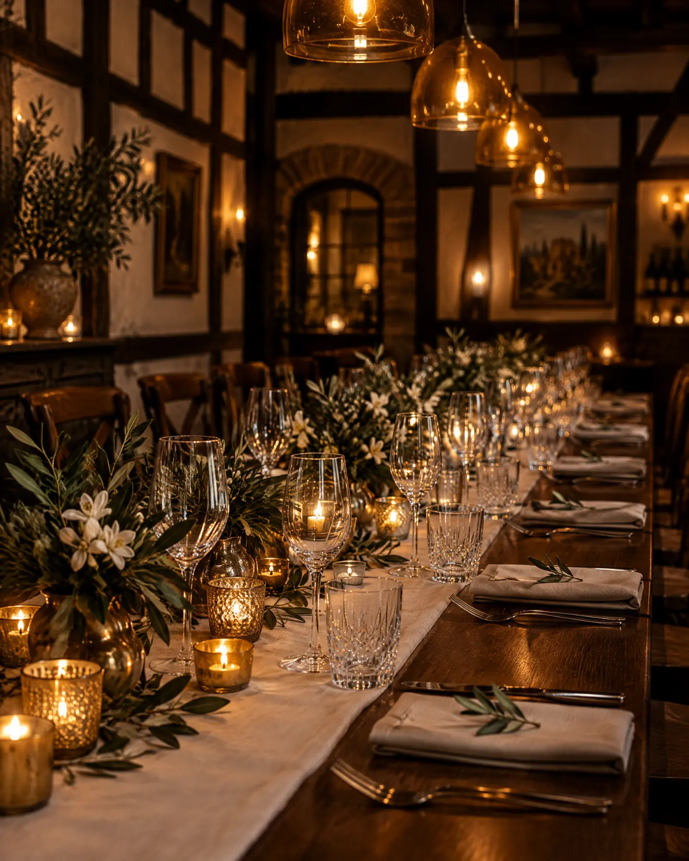 Festlich gedeckte lange Tafel im Kerzenlicht