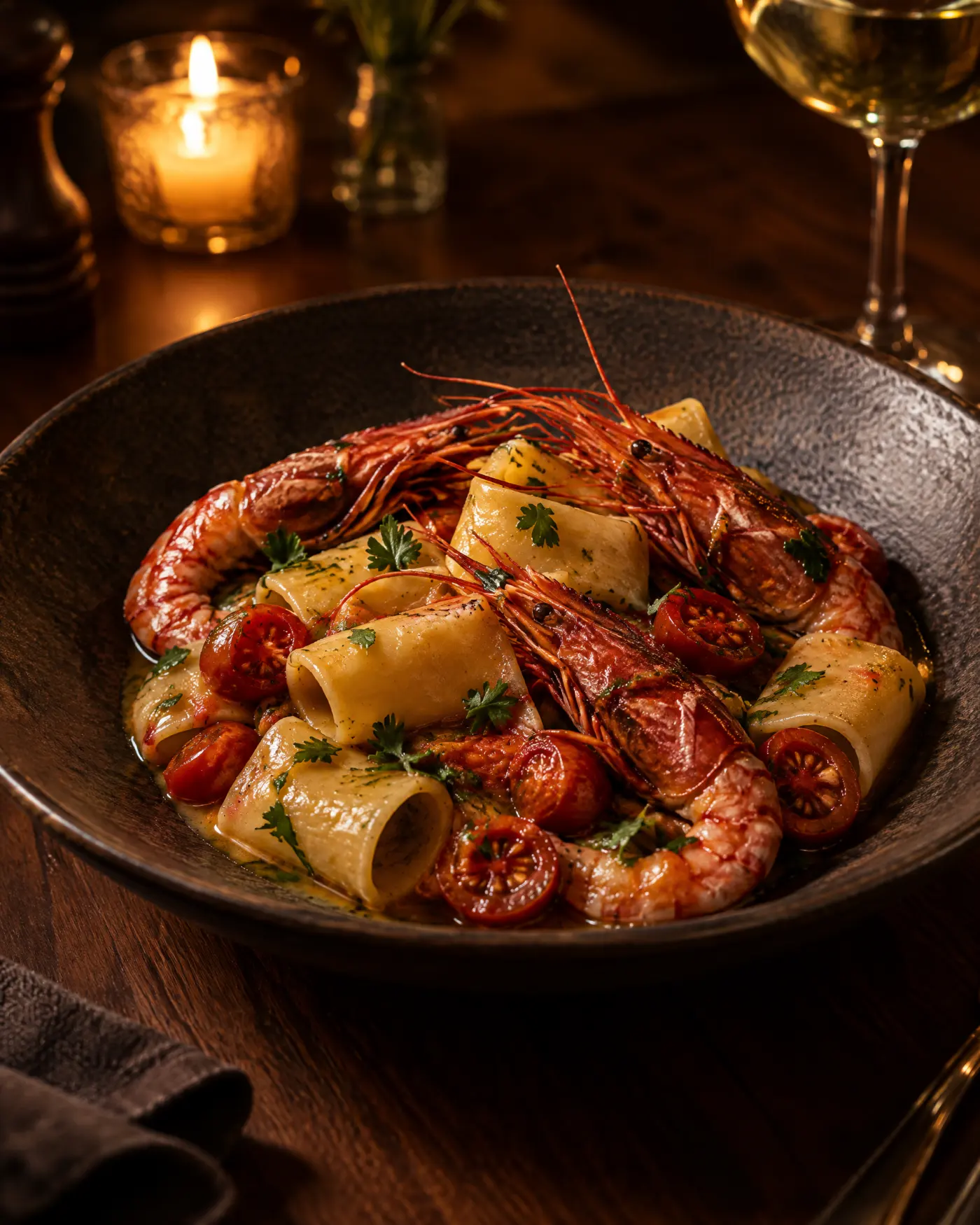 Paccheri mit roten Gambas und Kirschtomaten