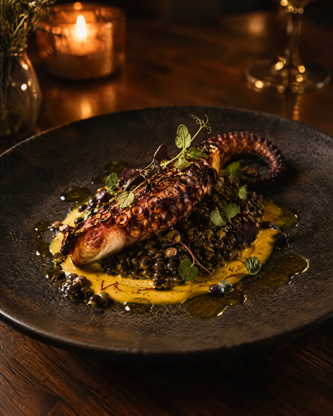 Gegrillter Oktopus auf Linsen mit Safransauce