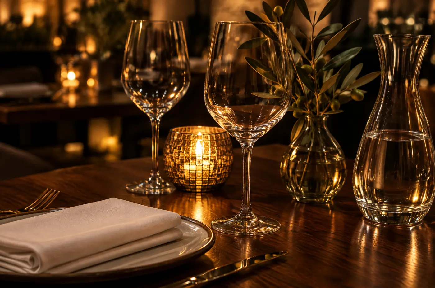 Gedeckter Tisch mit Weingläsern und Kerze