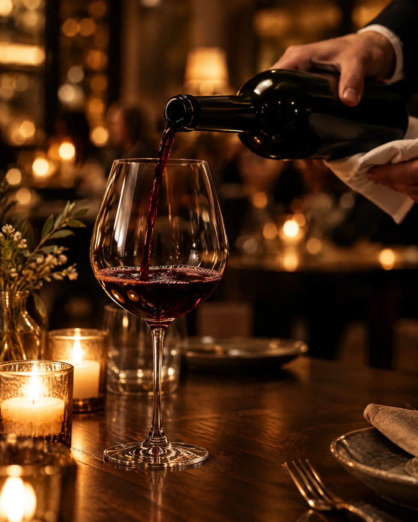 Rotwein wird in ein Glas eingeschenkt