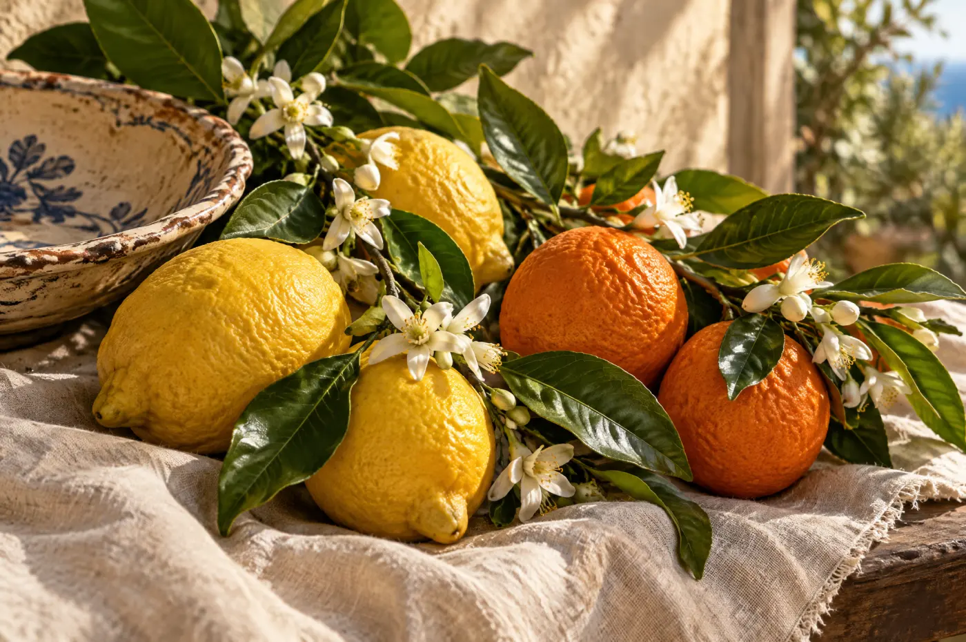 Sizilianische Zitronen und Orangen mit weißen Zitrusblüten auf Leinen